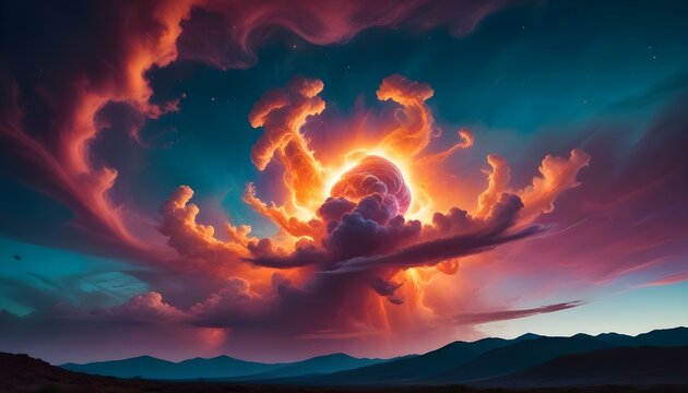 Una enorme y ardiente entidad celestial con zarcillos arremolinados de energ&iacute;a naranja y roja sobre un fondo de nubes c&oacute;smicas verde azulado y violeta