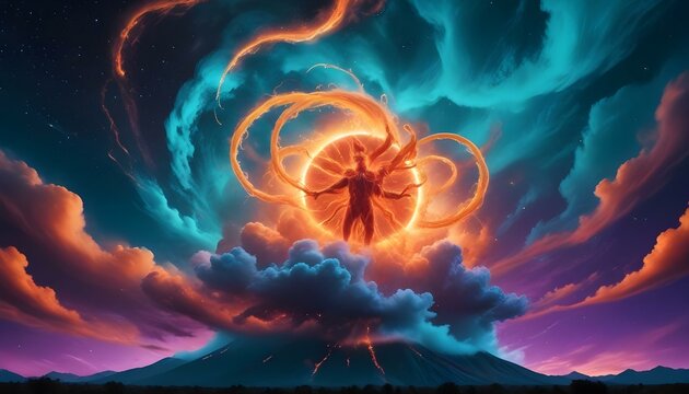 Una enorme y ardiente entidad celestial con zarcillos arremolinados de energ&iacute;a naranja y roja sobre un fondo de nubes c&oacute;smicas verde azulado y violeta