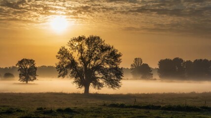 Obraz premium Silhouetted trees stand in a misty field at sunrise. Golden hour light bathes the scene in warm tones. Fog obscures the background,