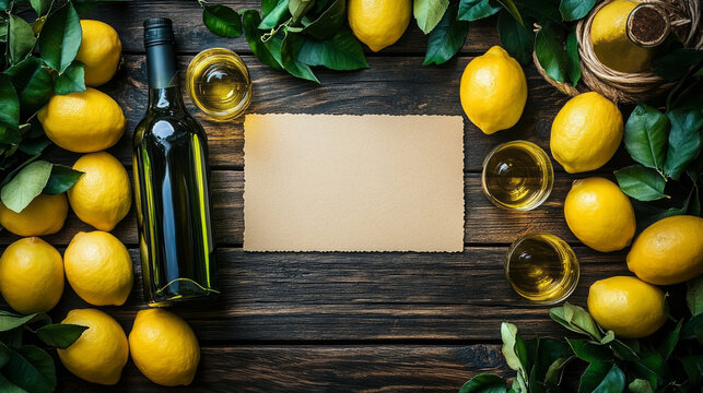 Fresh lemons, olive oil, and glasses are arranged on a rustic wooden surface, ready for making limoncello to enjoy in sunny weather or for special occasions