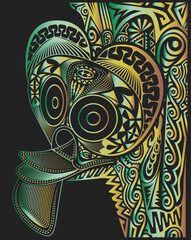 Baining Fire Dance Mask, tribal pattern design, green and gold
