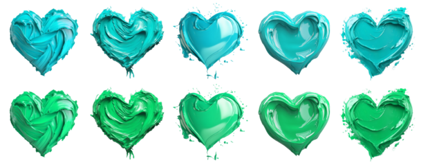 2 Collection set of turquoise blue green, love heart shape blob paint ink liquid smear smudge swatch cream gel wax on transparent cutout, PNG file. Many different design. Mockup template artwork