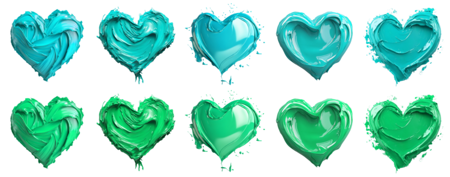 2 Collection set of turquoise blue green, love heart shape blob paint ink liquid smear smudge swatch cream gel wax on transparent cutout, PNG file. Many different design. Mockup template artwork - Powered by Adobe
