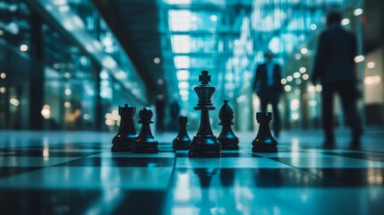 A chess board with chess pieces and silhouettes of people in the background, captured in monochromatic blue.