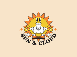Sun and cloud weather with happy face hugging cartoon retro vintage mascot illustration character vector clip art logo hand drawn