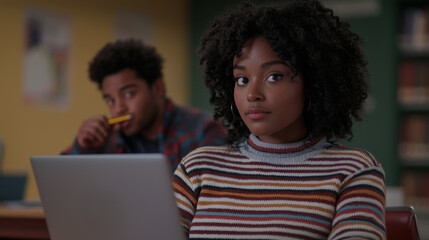 Obraz premium Cinematic still of Black woman in striped sweater with laptop, showcasing focus and determination in study environment