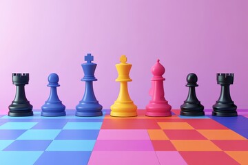 A minimalist chess set design rendered in an abstract form with bold colors