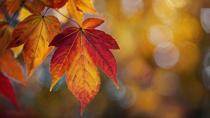Fototapeta premium Closeup of fiery autumn leaves in shades of red, orange, and yellow. Blurred bokeh background enhances the vibrant colors of the foliage.