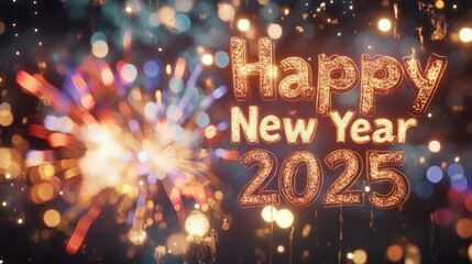 Reveling in New Year 2025 written on a sparkling golden background with fireworks bursting in vibrant colors, offering a festive and celebratory scene.