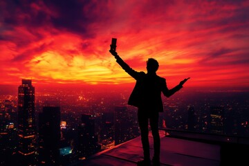 Fototapeta premium The sky is orange and the city is lit up with lights