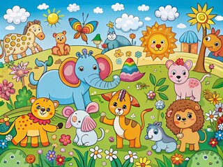 Naklejka premium Adorable Hand-Drawn Cartoon Animals Collection for Kids in a Panoramic View Featuring Unique Characters and Playful Designs, Ideal for Children's Art and Educational Materials