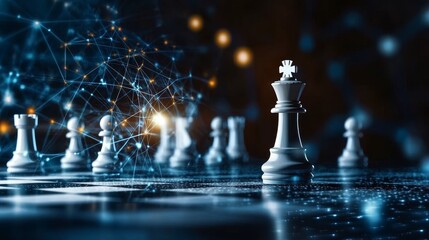 A mix of wooden and metallic chess figures are strategically placed on an advanced, modern chessboard, combining traditional gameplay with a contemporary digital look.