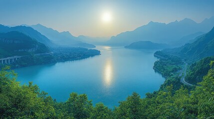 Obraz premium Serene landscape with a calm lake, mountains, and a rising sun in a tranquil setting.