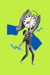 Vertical photo collage of happy american guy jump alarm clock hands listen music headphones regime time isolated on painted background