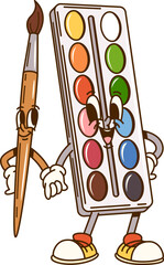 Groovy paint palette and brush school education and stationery characters. Cartoon vector retro art tool personages ready for creative adventures. Isolated vibrant and expressive artist equipment © Vector Tradition