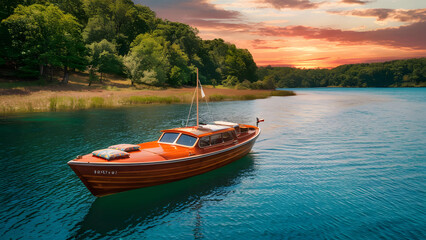 Fototapeta premium Boat on the blue river with twilight sky