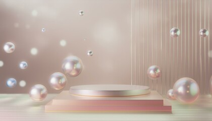 Minimal podium concept. Minimal podium with floating metallic shapes and pastel background