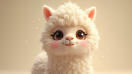 Fototapeta premium A smiling fluffy 3D cartoon character alpaca with big brown eyes