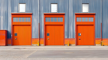 Vibrant Orange Industrial Doors on a Grey Metal Building Exterior