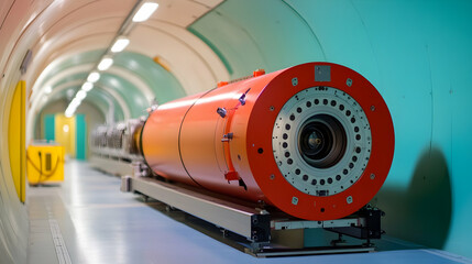 Fototapeta premium Orange Cylindrical Machine in a Futuristic Tunnel, Advanced Technology, Industrial Design, Scientific Equipment, Engineering Marvel, Interior Space, Bright Lighting, Smooth Surfaces, Sleek Aesthetics