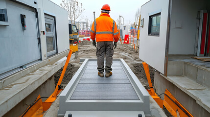 Construction Worker on Modular Platform, Industrial Site, Leveling Access, Outdoor Setting