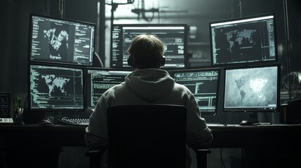 IT Specialist working on a personal computer with monitors displaying a coding language program. Inside the technical room of a data center, a server rack is visible.