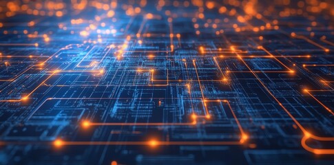 Modern illustrations of futuristic screen displays with a horizontal layout feature a showcase of digital element grid lines and circuit decor. These visuals represent future digital innovations and