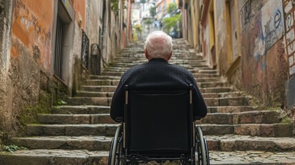 Obraz premium An elderly man in a wheelchair facing a staircase in an urban alleyway, symbolizing challenges and accessibility issues in daily life