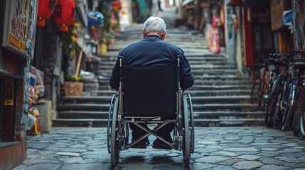 Obraz premium An elderly man in a wheelchair facing a staircase in an urban alleyway, symbolizing challenges and accessibility issues in daily life