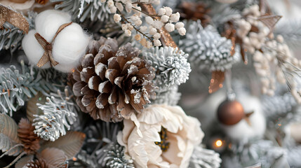 Beautiful decorated Christmas tree with dry flowers, pine cones and cotton. Boho design. Close-up.