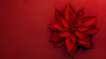 Red Christmas flower top view on red background. New year and christmas concept. Copy space.