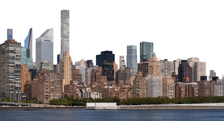 Manhattan skyline of diverse high-rise buildings with riverfront and trees in foreground, isolated on white background, clean layout © ImageFlow