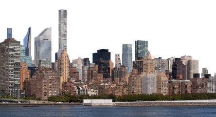 Manhattan skyline of diverse high-rise buildings with riverfront and trees in foreground, isolated on white background, clean layout
