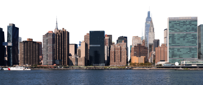 Manhattan skyline featuring modern skyscrapers, water in the foreground, and a clear white background. Depiction of urban architecture and cityscape
