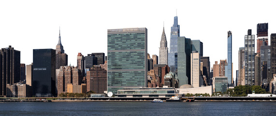 United Nations headquarters with Manhattan skyscrapers, modern cityscape, waterfront foreground, isolated on a white background, architecture concept