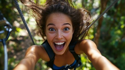 Thrilling Adventure: Young Woman with Joyful Expression Zip-lining in Forest Canopy