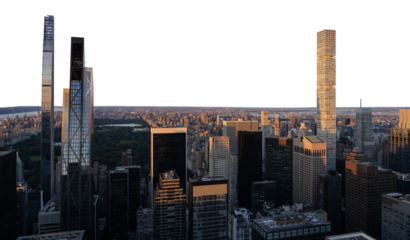 New York City skyline featuring Manhattan skyscrapers, Central Park in the distance, isolated on a white background, clean and modern cityscape design