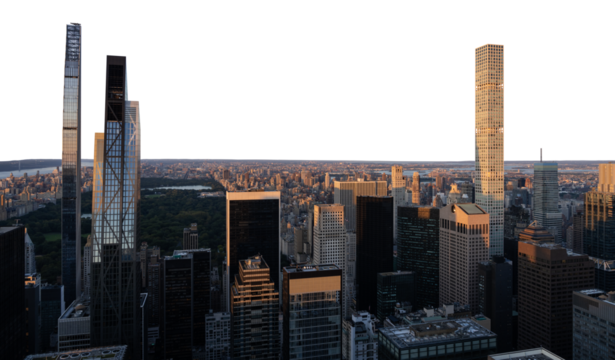 New York City skyline featuring Manhattan skyscrapers, Central Park in the distance, isolated on a white background, clean and modern cityscape design