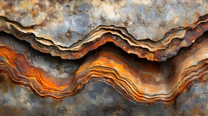 Obraz premium Close-up of layered, rust-colored metal with a unique texture and abstract design. The colors range from deep oranges to muted grays, creating a visually striking image.
