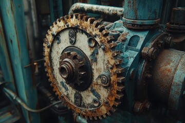 Fototapeta premium Close-Up of a Rusty Gear Mechanism in an Industrial Setting Highlighting Texture and Wear