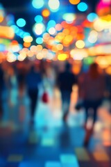Blurred Illuminated Walkway with Out Of Focus Crowd, Abstract Light Trails and Festive Atmosphere