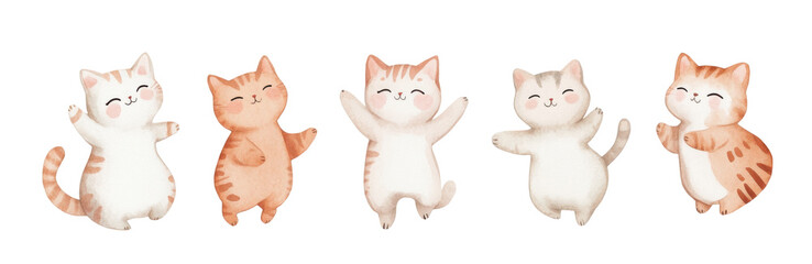 cats watercolor illustration isolated on transparent background, five cute cheerful playful joyfully cats dancing, clipping path, cut out, PNG