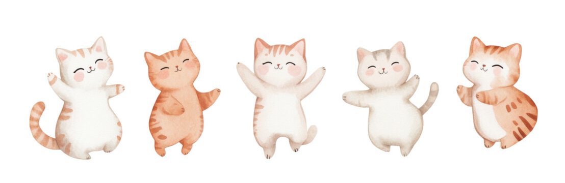 cats watercolor illustration isolated on transparent background, five cute cheerful playful joyfully cats dancing, clipping path, cut out, PNG