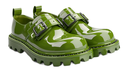 Innovative green shoes with glowing buckles fashion event urban environment style concept