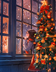 Girl Watching Out the Window by Christmas Tree