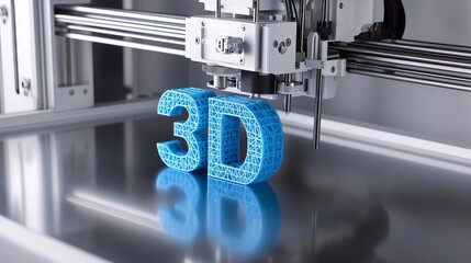 3d printer creating blue 3d text on metal surface