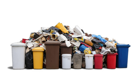 Colorful waste bins overflowing with assorted rubbish transparent background