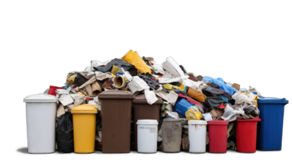 Colorful waste bins overflowing with assorted rubbish transparent background
