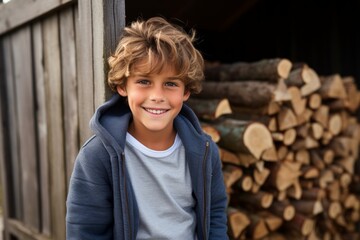 Portrait of a smiling boy standing in front of a log house