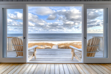 Fototapeta premium Stunning Beachfront Home with Ocean Views, Expansive Deck, and Private Beach Access for Sale